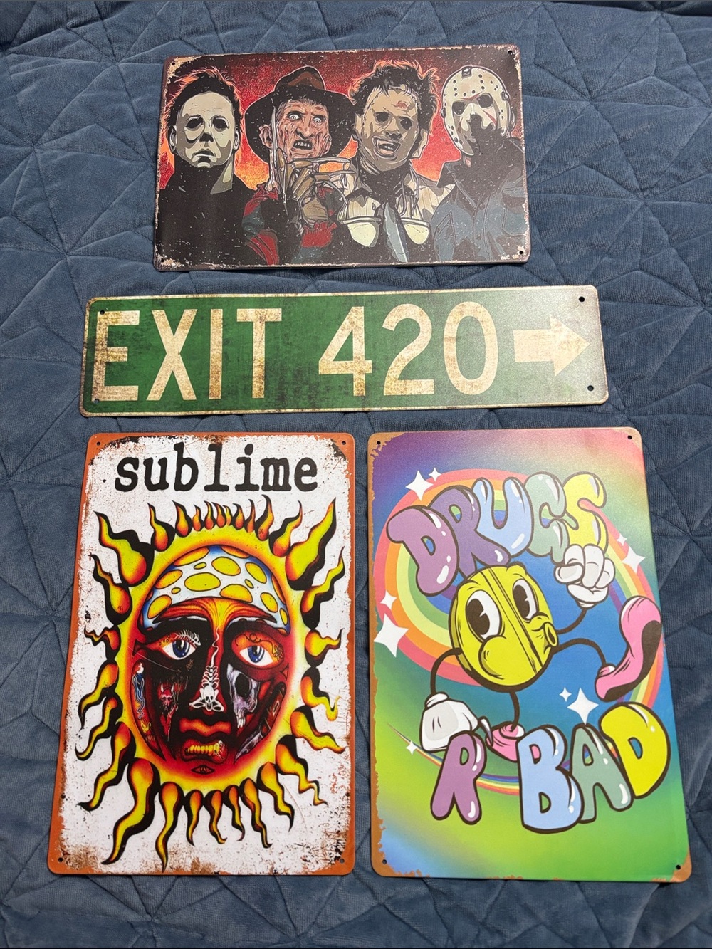 Set of 4 Decorative Metal Signs - Colorful Retro & Horror Designs